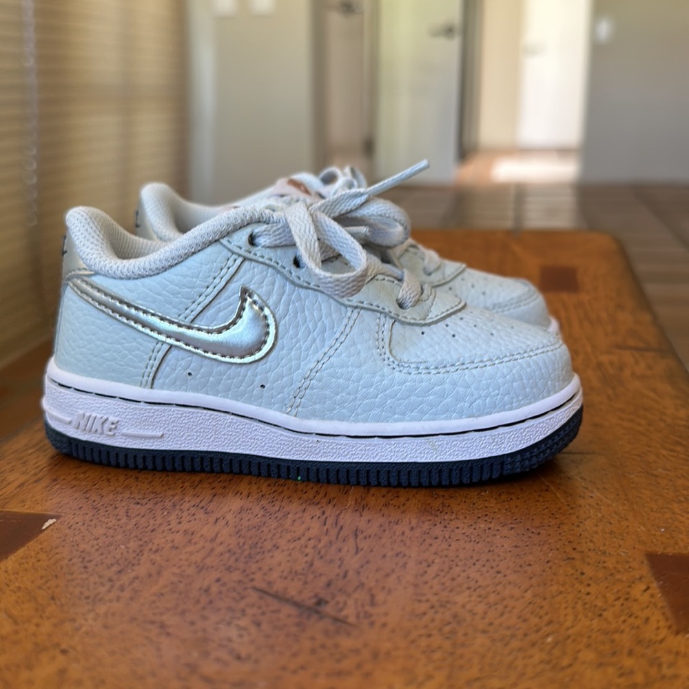Worn once for a wedding, Nike Air Force 1s, in grey, navy sole, and silver Nike